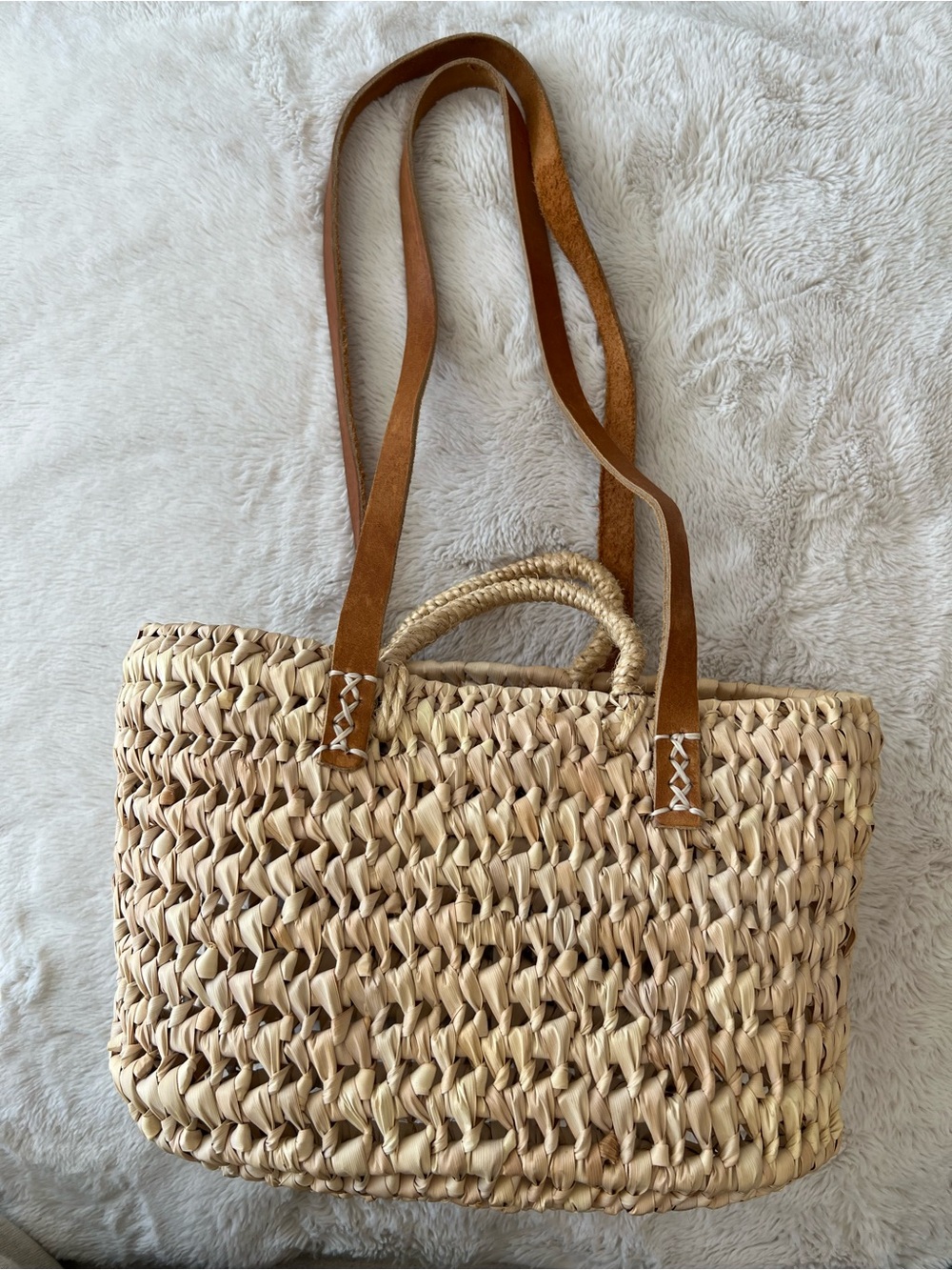 Openweave Palm Basket Bag with Sisal Brown Leather Shoulder Straps